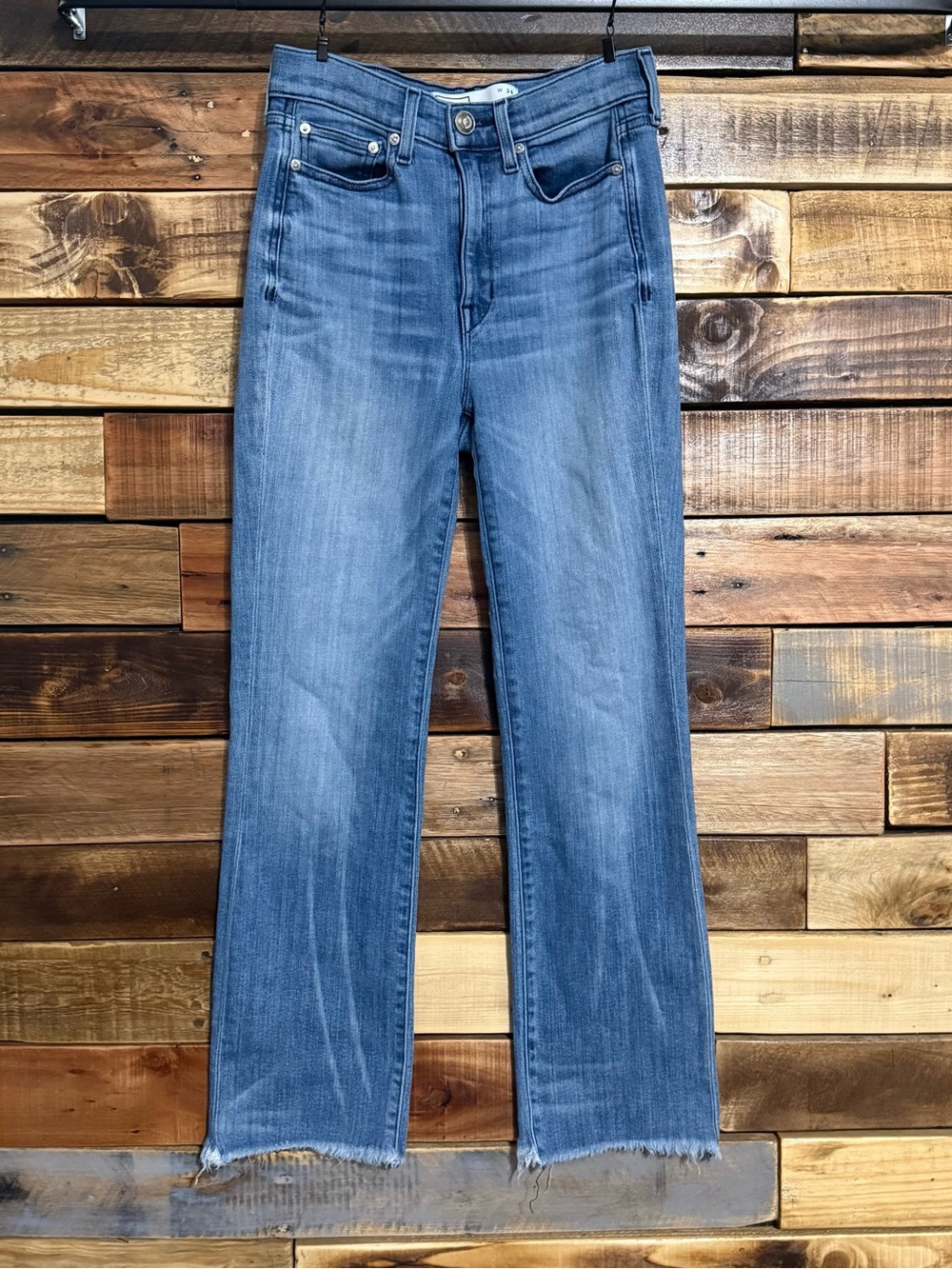 AYR The Bomb Pop High Rise Straight Leg Jeans Blue Raw Hem Size 26 EUC